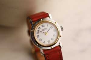 Hermès Clipper, bílý ciferník, červený kožený řemínek, quartz, 24 mm