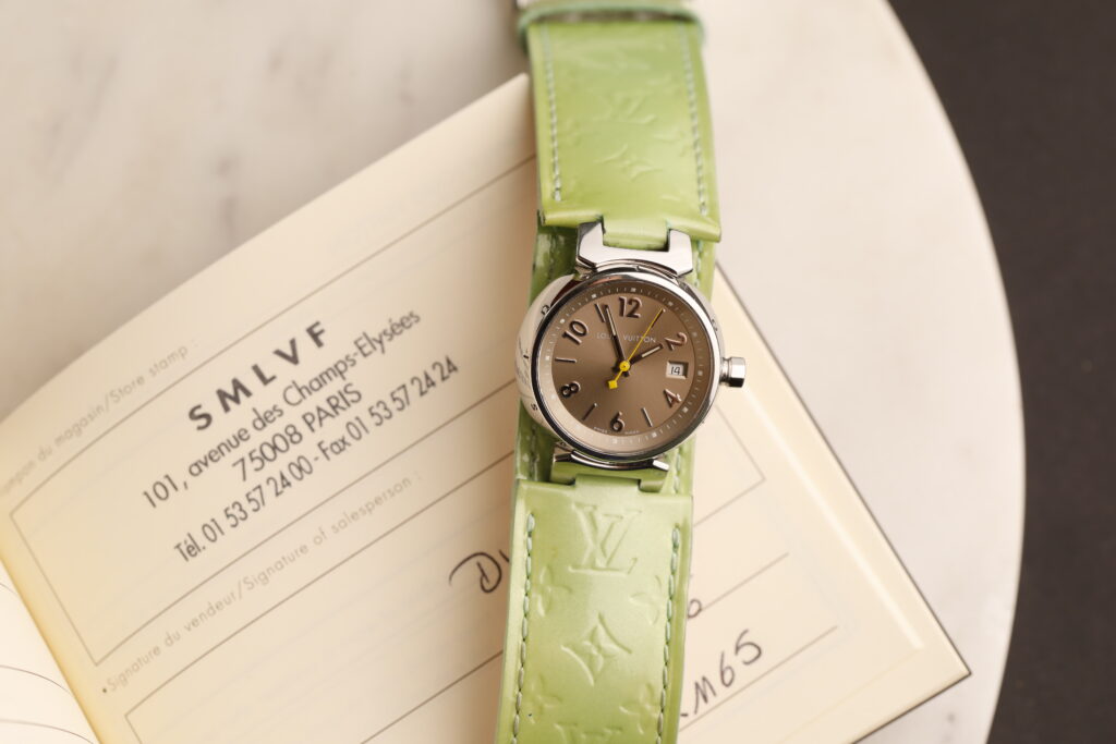 Louis Vuitton Tambour Q1212 datum beige green, 28 mm